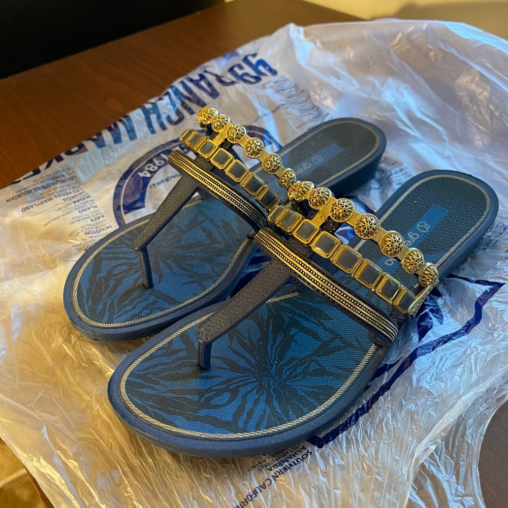 Grendha Blue Sandals Metallic Detailing US7